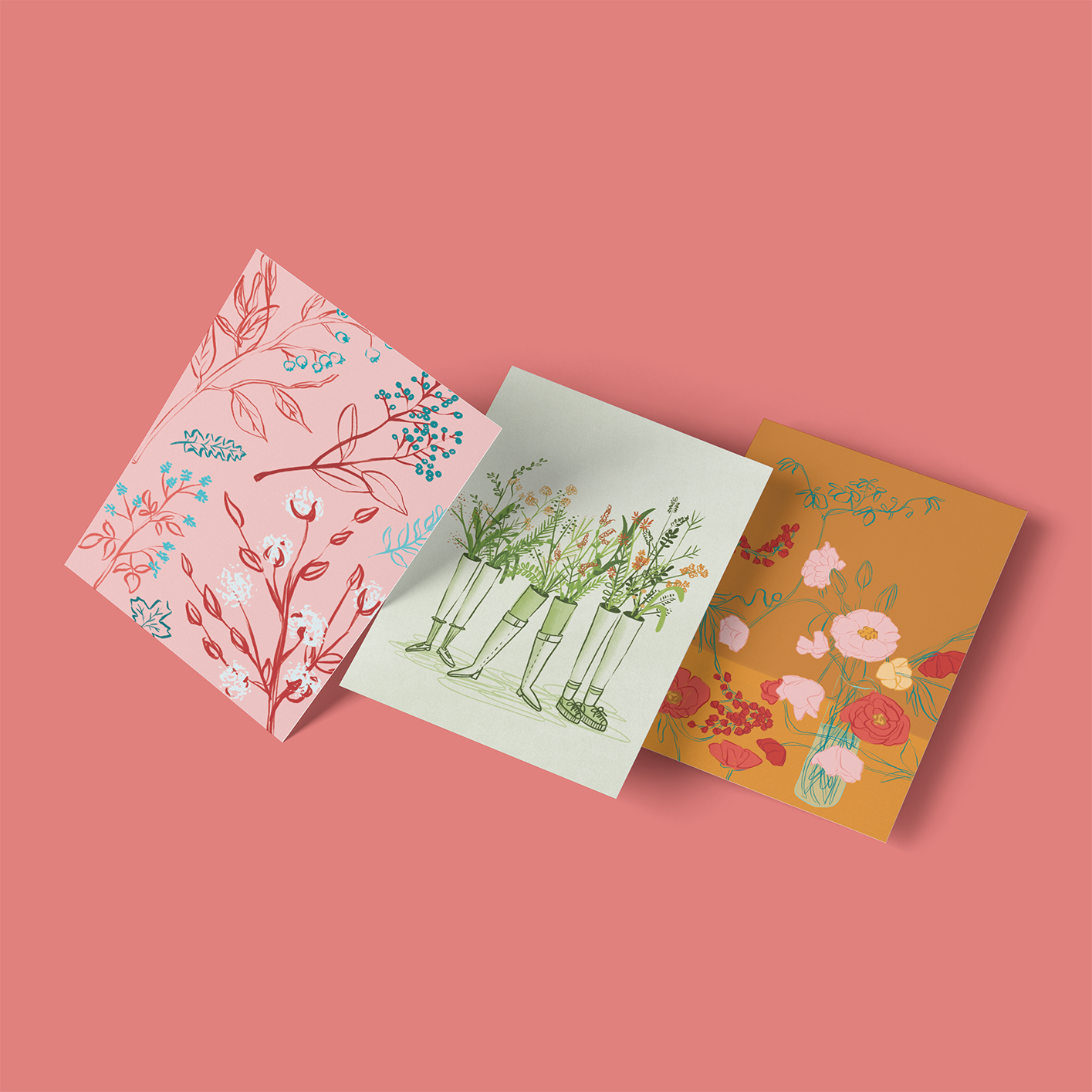 Blank Floral Greeting Cards - Pack of Three